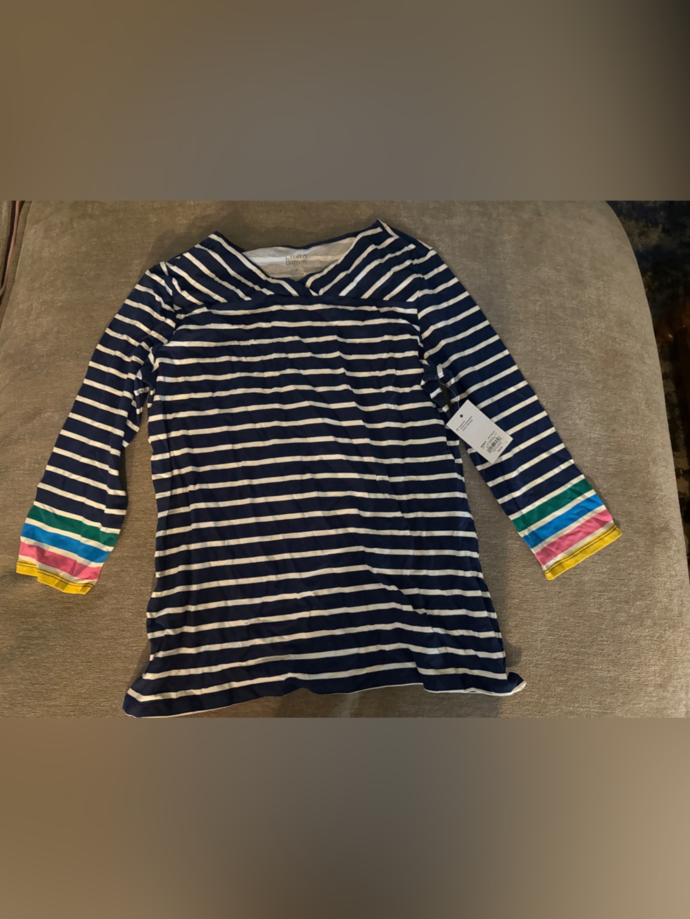 Kohl's Navy and White Striped Long Sleeve Top with Rainbow Sleeve Accents